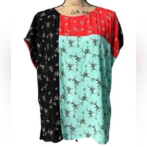 UNBRANDED Black Red and Teal Square Cut Floral Blouse Size 2X